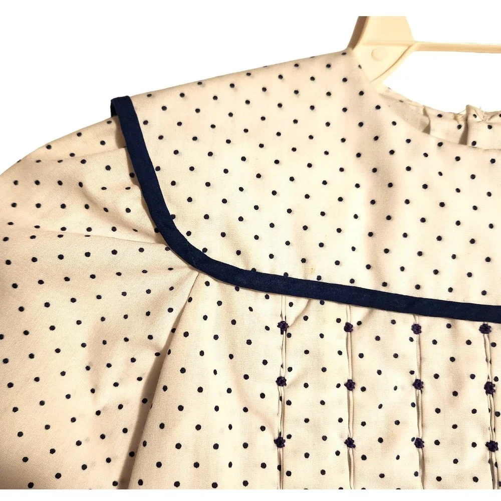 Vintage Polly Flinders Dress White w/ Blue Polka Dot Smocked Front Girls Size 5